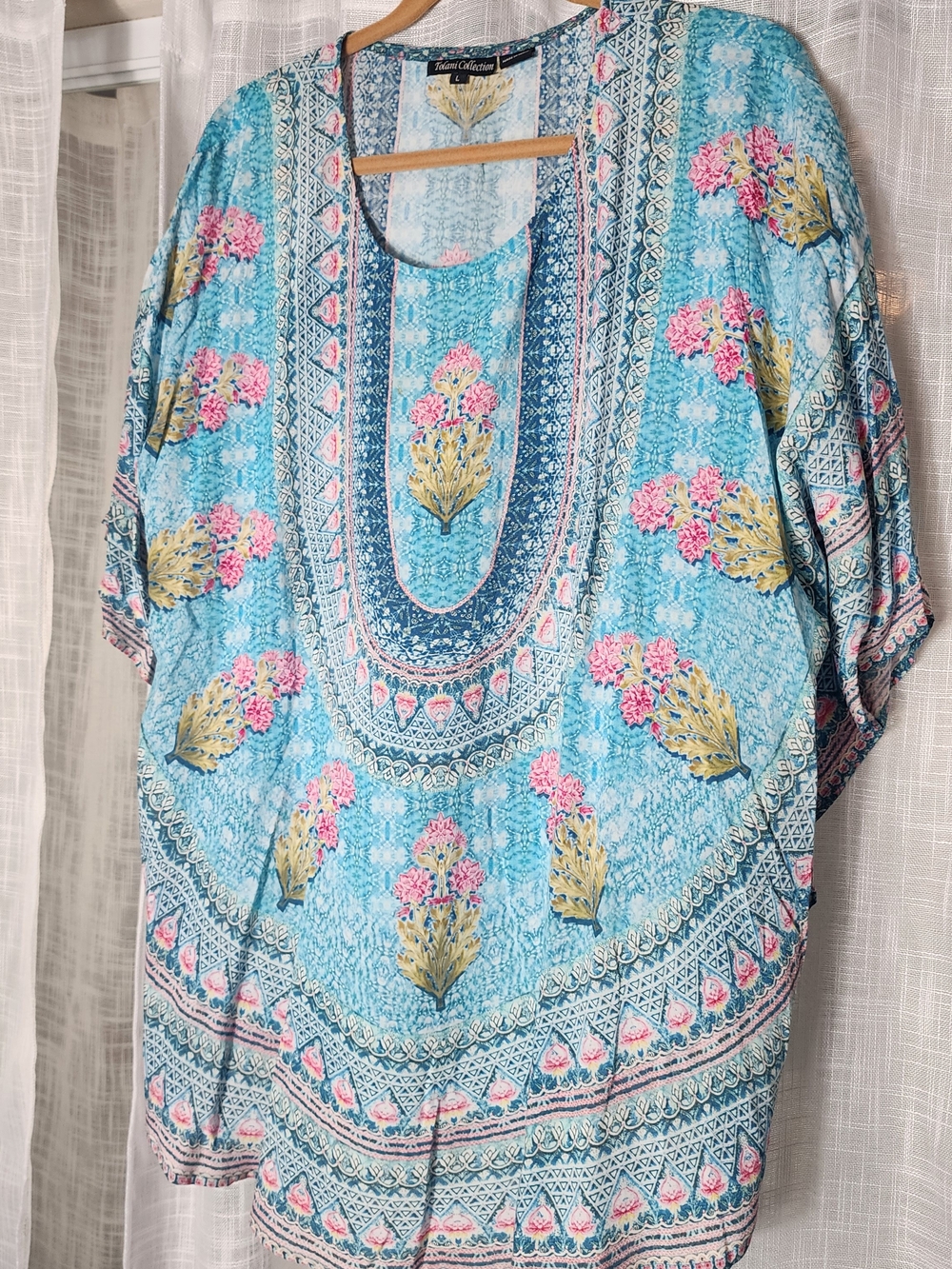 Tolani Turquoise Floral Boho Tunic with Pink and Gold Accents
